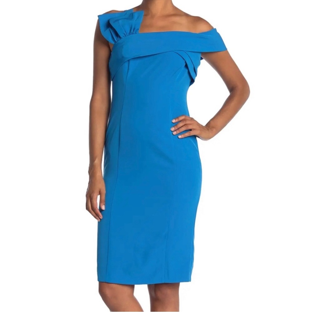 NEW MARINA Women’s Blue One Shoulder Ruffle Sheath Cocktail Knee Length 10
